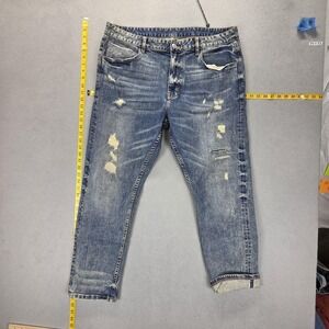 Loewe Jeans Mens Blue Selvedge Thrashed Whiskers Honeycomb Zip Fly Fits 36x28